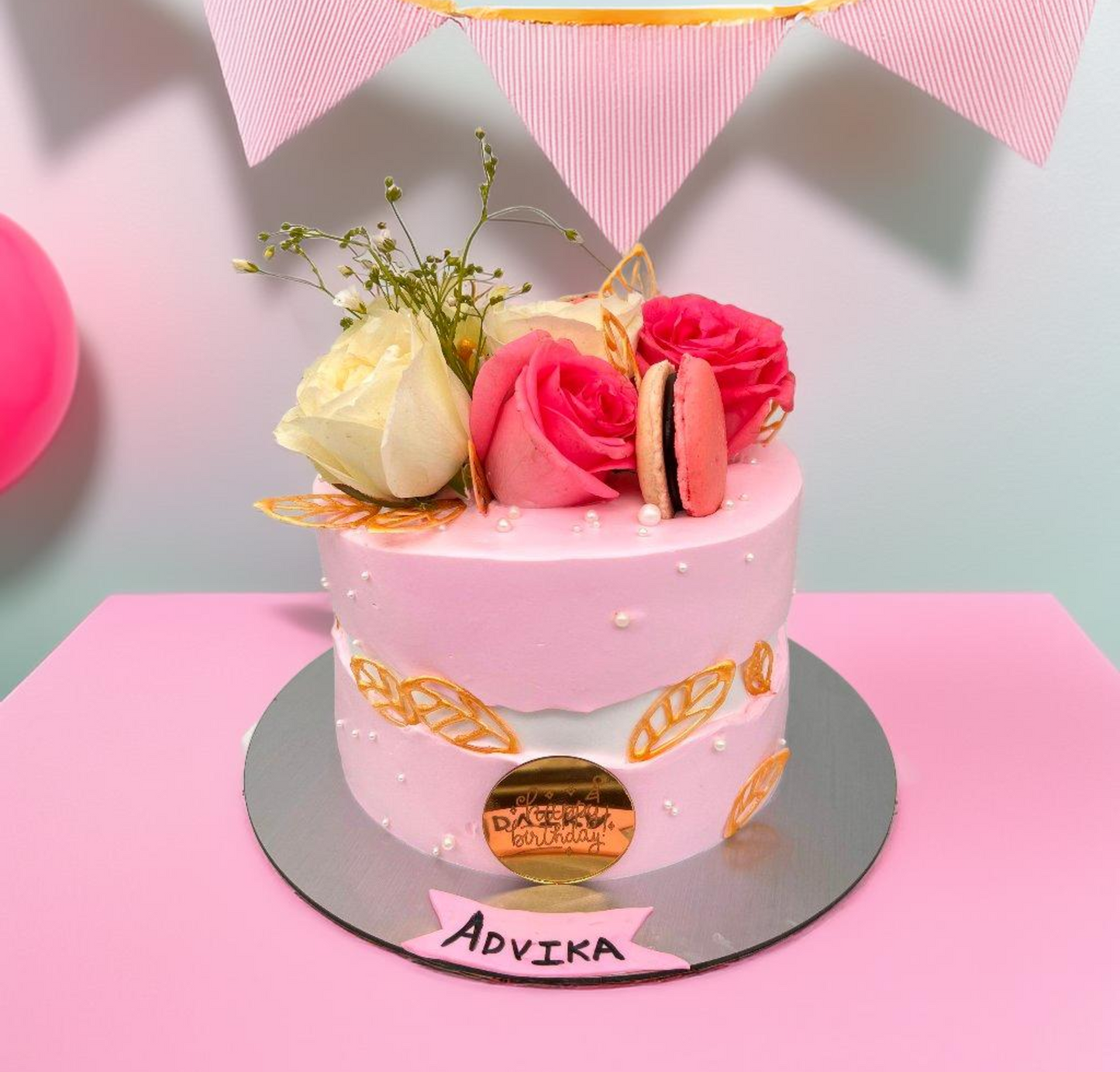 Pink Macaroon and Floral Birthday Cake