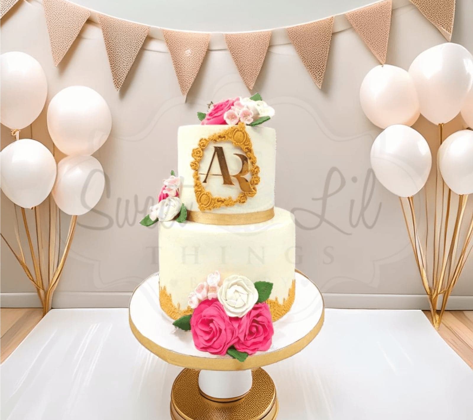 2 Tier White and Gold Engagement Cake