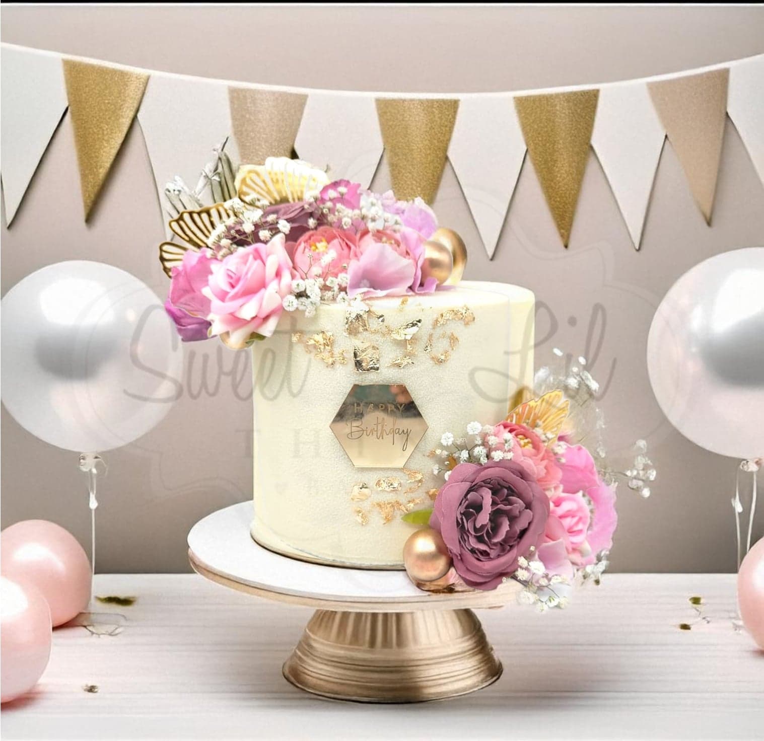 Elegant Floral Birthday Cake with Gold Accents