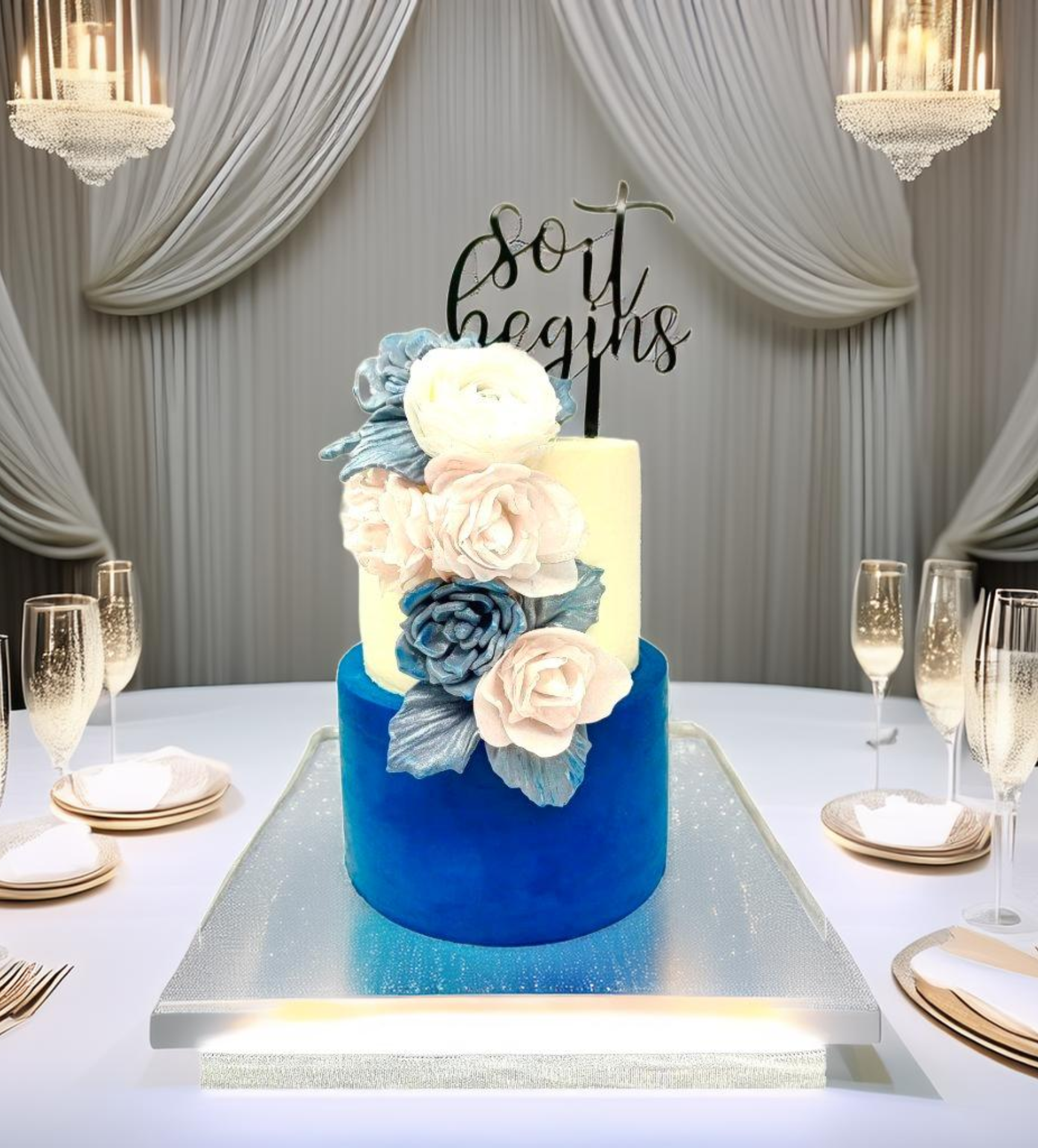 2 Tier White and Blue Engagement Cake
