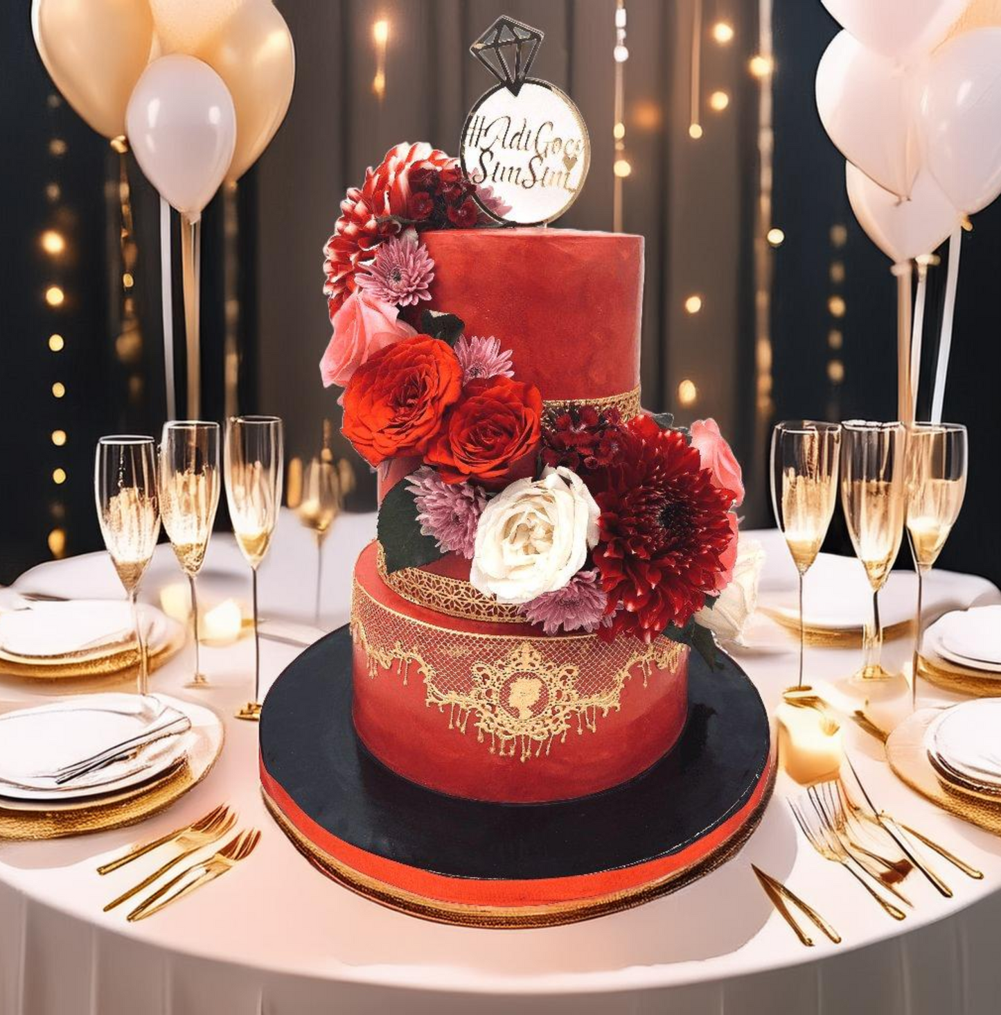 3 Tier Floral Engagement Cake with Golden Lace